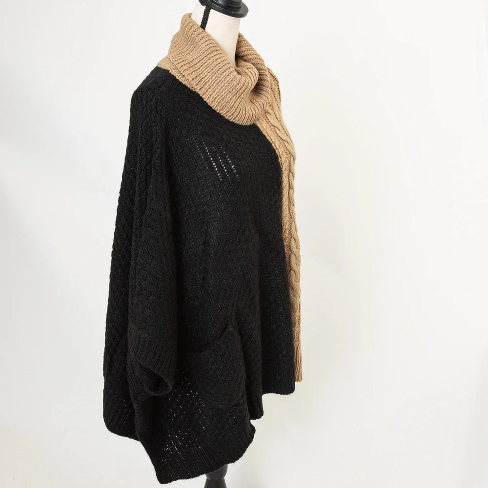 Cable knit sweater poncho black & camel XL/1X Brittany Humble